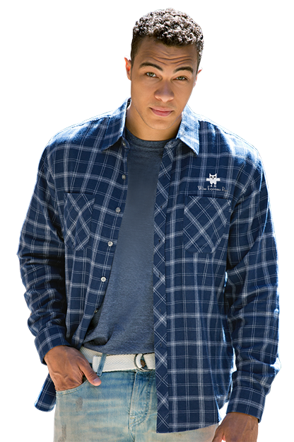 Model wearing style 1979 in True Navy With Light Grey Check