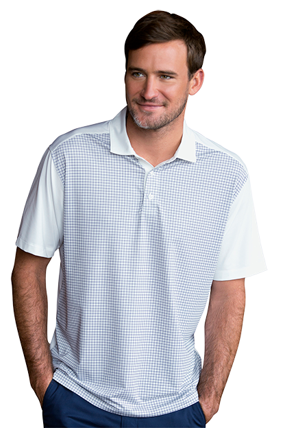 Model wearing style 2450 in White With Navy And Grey Stripes