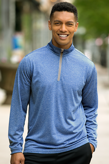 Model wearing style 3410 in Blue Heather With Grey