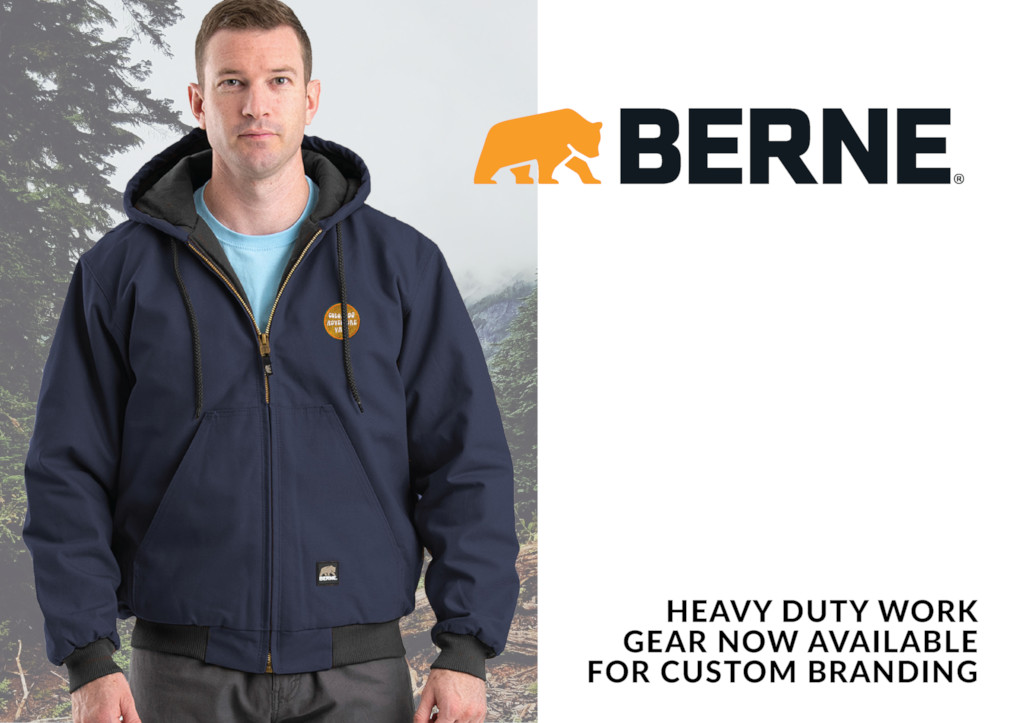 The Berne logo with a man wearing a Berne jacket in a forest. Text reads "Heavy duty work gear now available for custom branding."